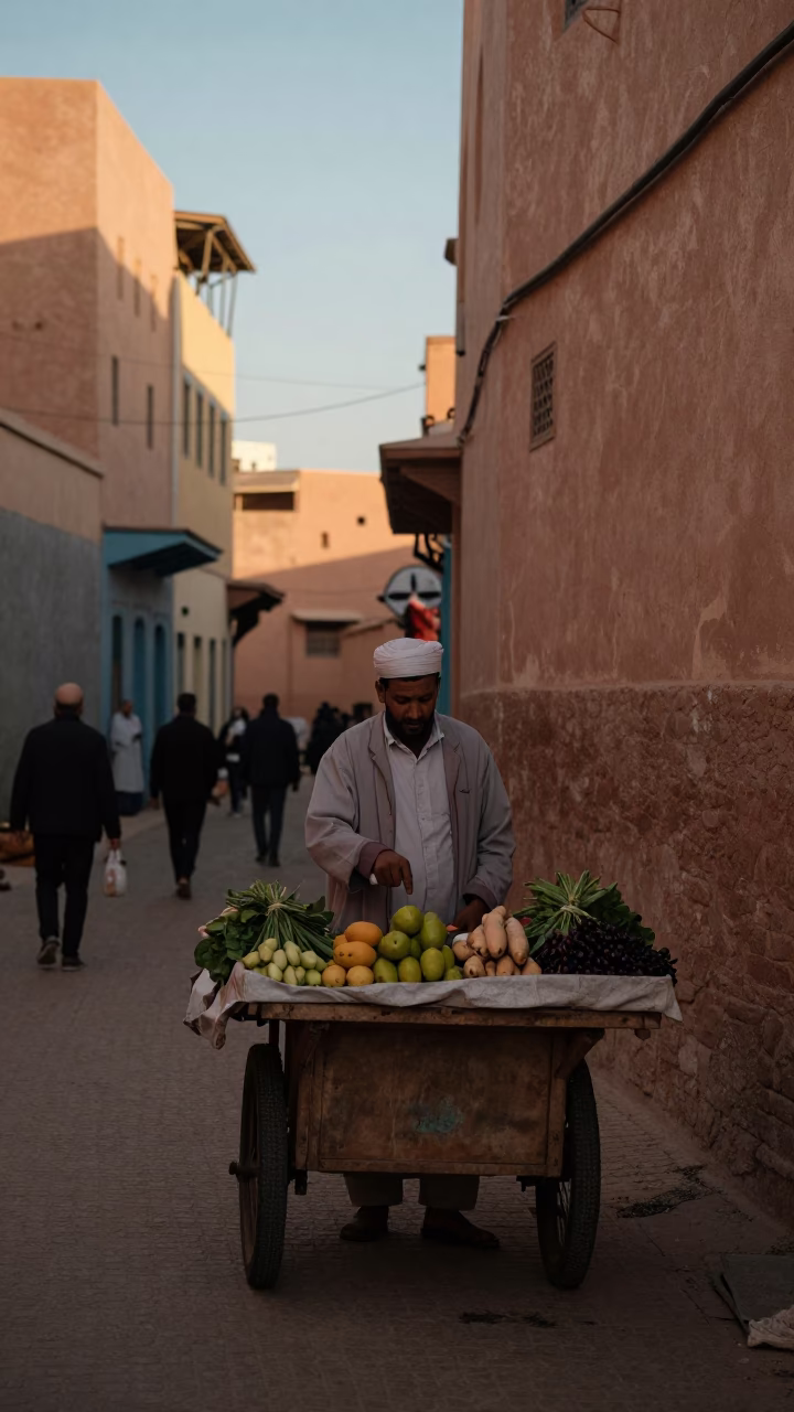 Late Afternoon Street Scene in Fez Morocco with Local Vendor and Traditional Elements in in Fez, Morocco