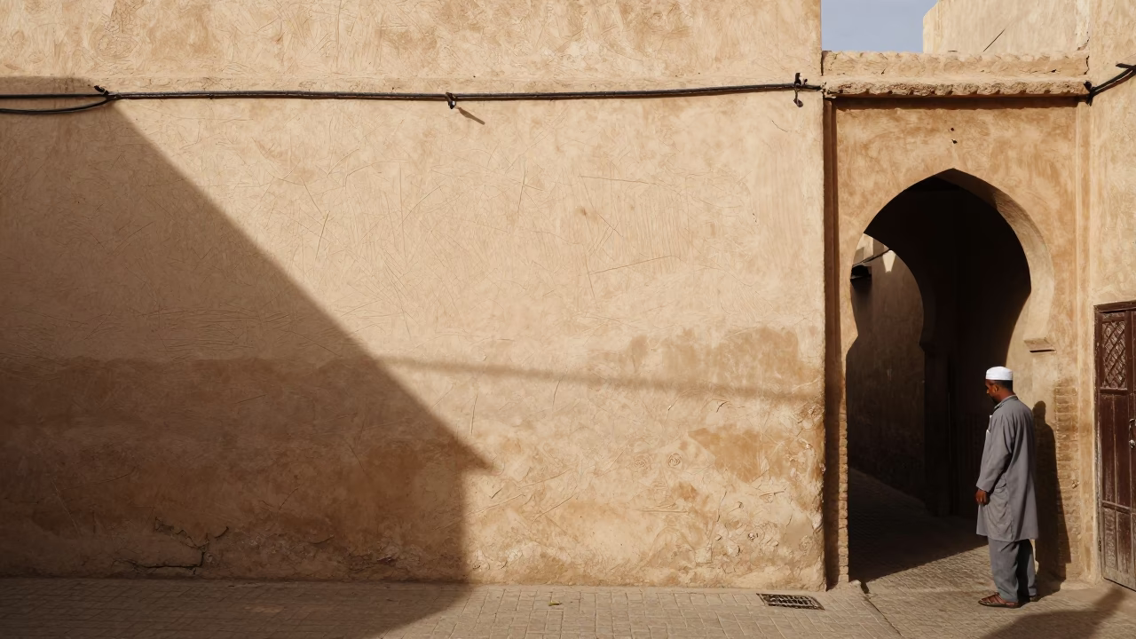 Late Afternoon Street Scene in Fez Morocco with Plaster Walls and Trowel in in Fez, Morocco