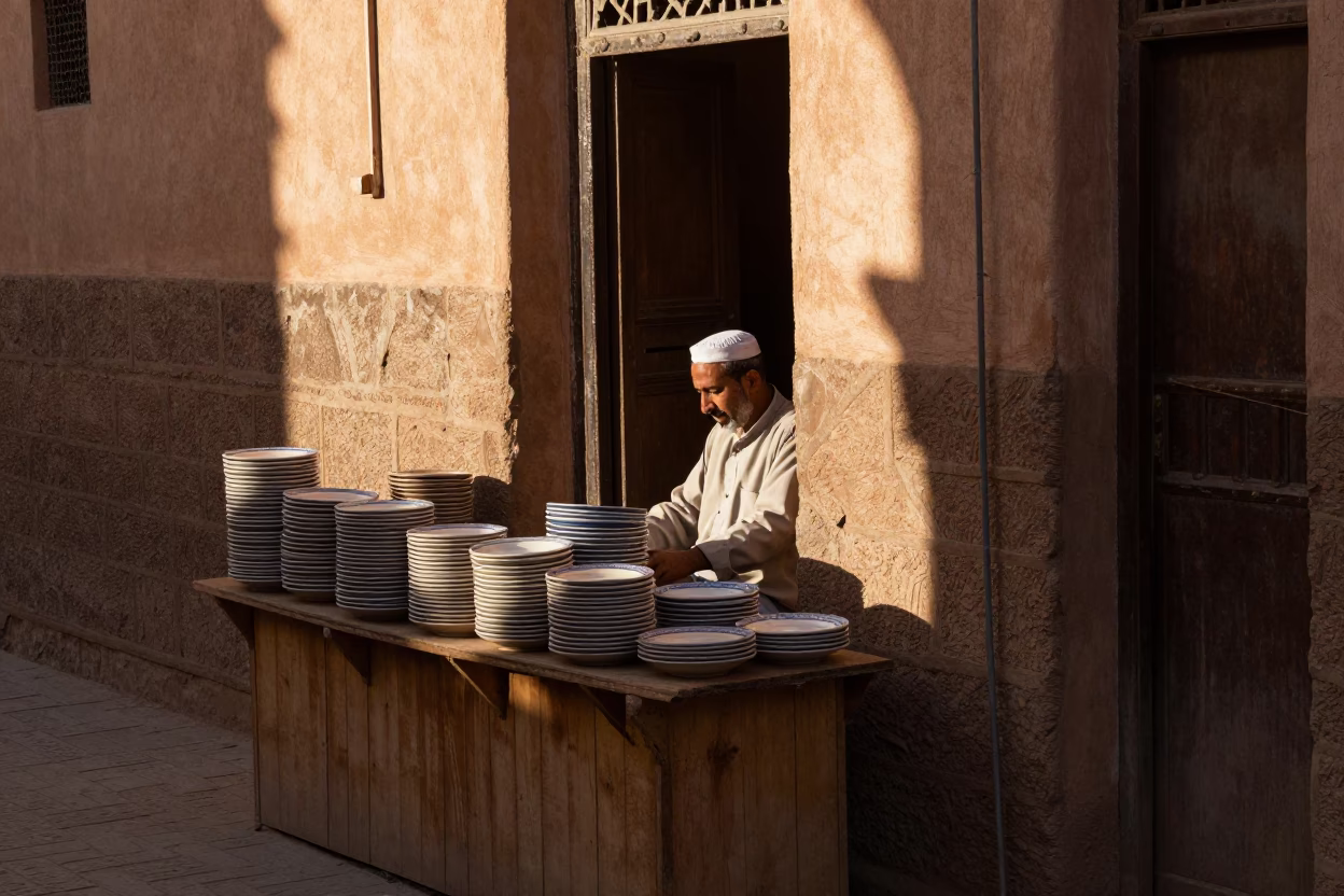 Late Afternoon Street Scene in Fez Morocco with Stacked Plates and Embroidered Cushion in in Fez, Morocco