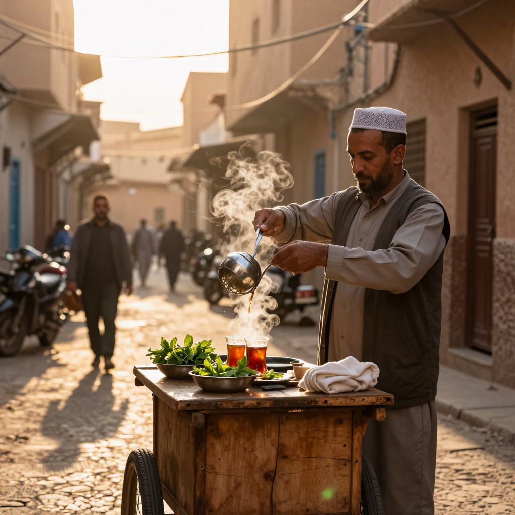 Late Afternoon Street Scene in Fez Morocco with Tea Strainer and Pomegranate in in Fez, Morocco