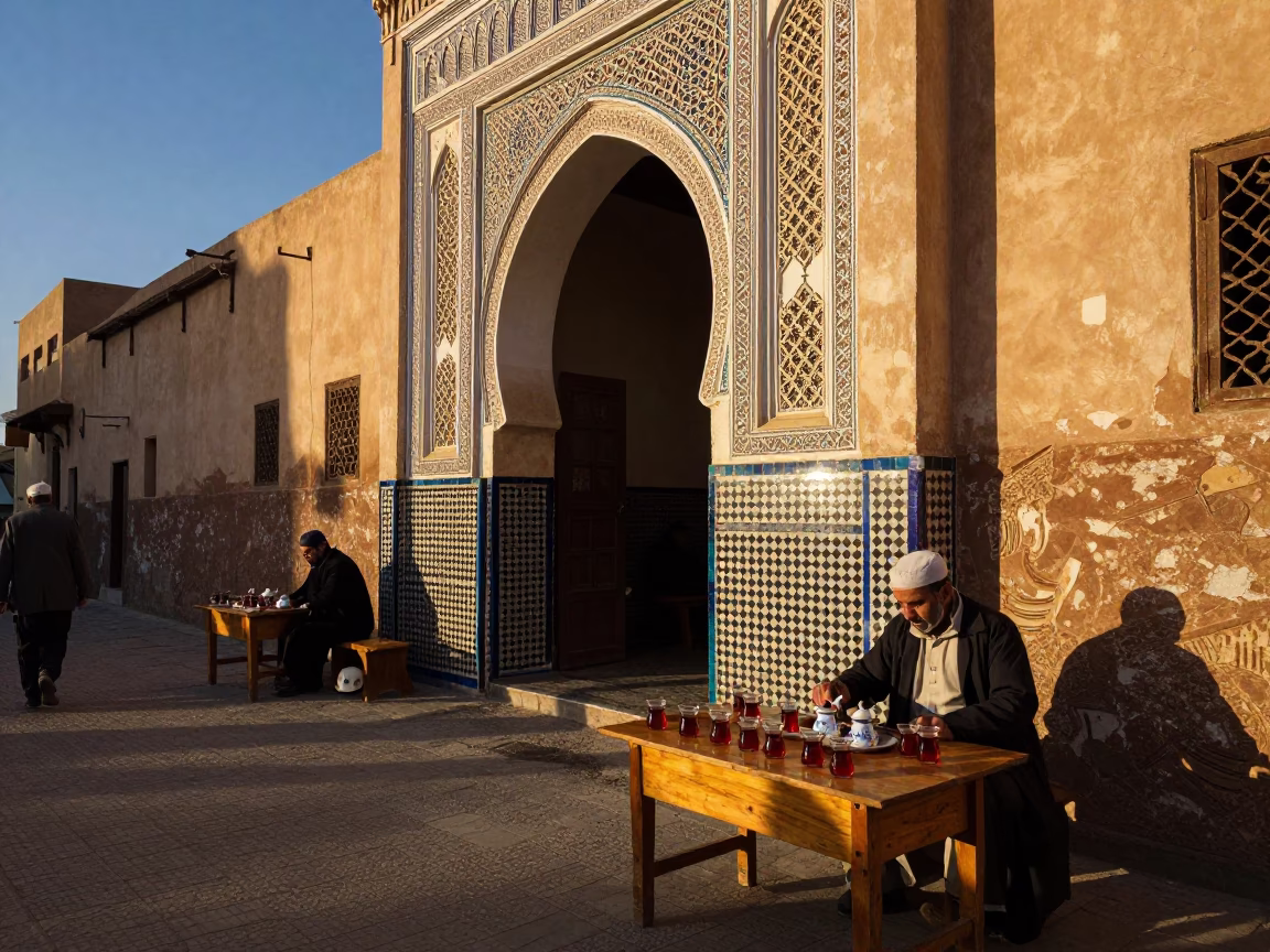 Late Afternoon Street Scene in Fez Morocco with Traditional Tea Service and Local Architecture in in Fez, Morocco