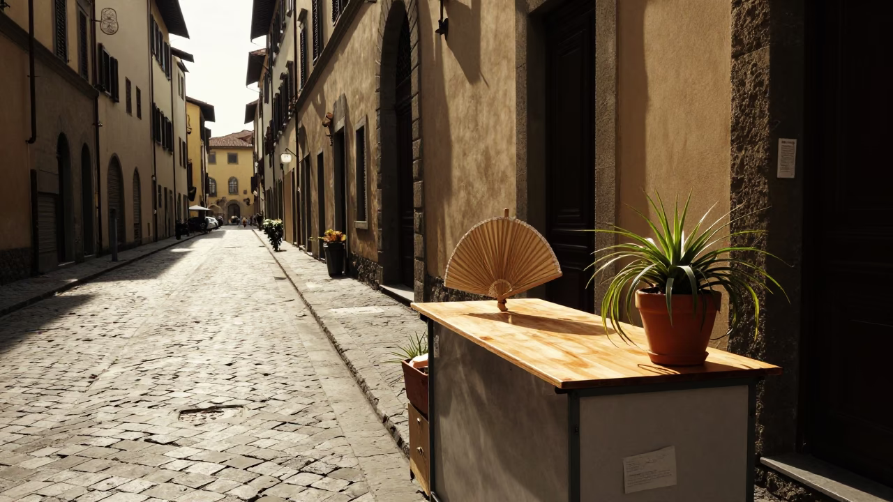 Late Afternoon Street Scene in Florence Italy with Air Plant and Paper Fan in in Florence, Italy