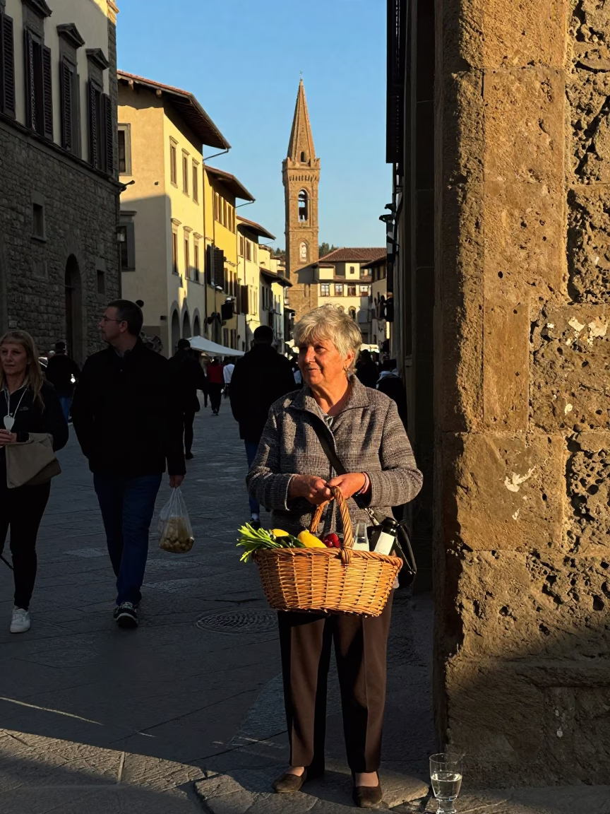 Late Afternoon Street Scene in Florence Italy with Basket and Glass Vase in in Florence, Italy