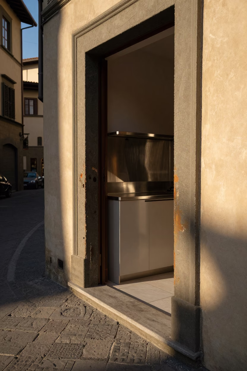 Late Afternoon Street Scene in Florence Italy with Doorframe and Brushed Steel Shelf in in Florence, Italy