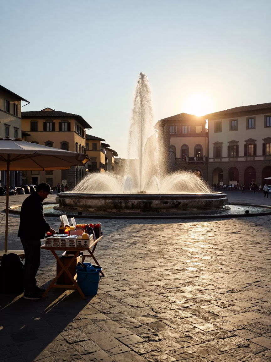 Late Afternoon Street Scene in Florence Italy with Fountain Spray and Linen Fringe Detail in in Florence, Italy