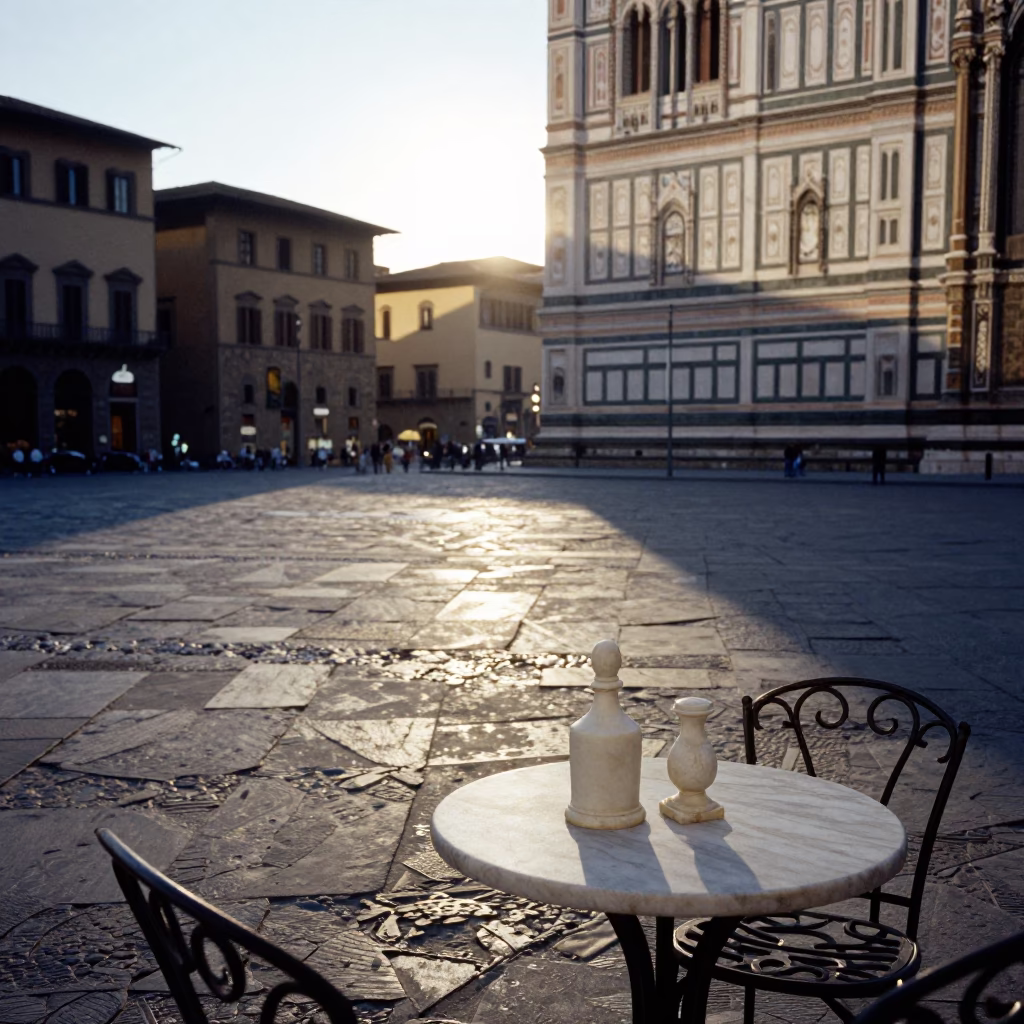 Late Afternoon Street Scene in Florence Italy with Marble Set and Peony Bush in in Florence, Italy