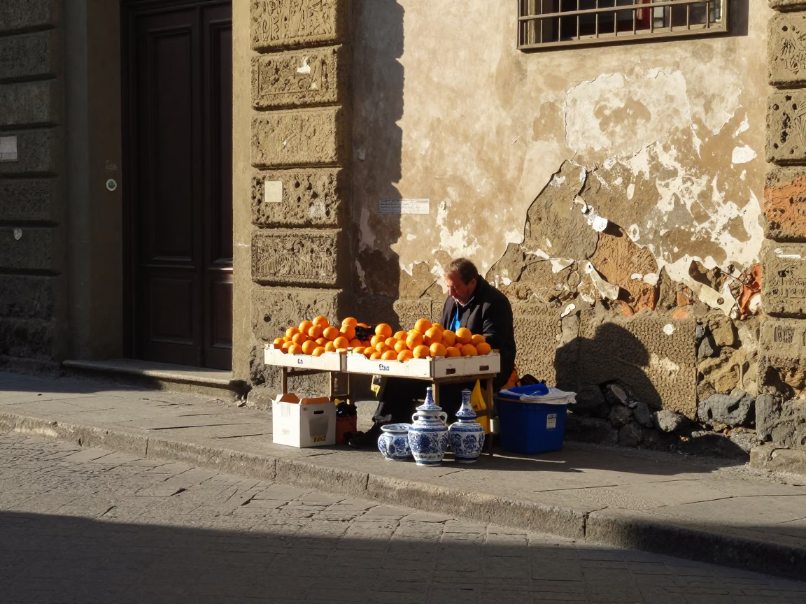 Late Afternoon Street Scene in Florence Italy with Oranges and Porcelain Jars in in Florence, Italy