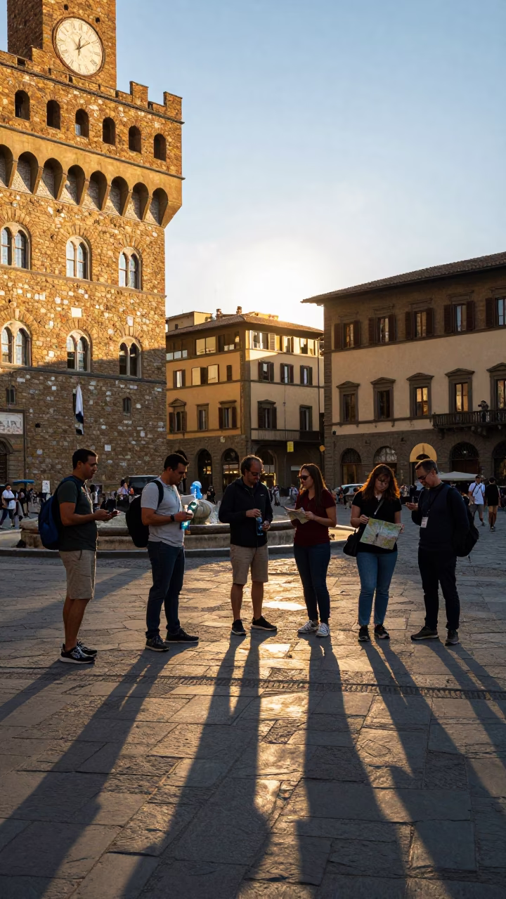Late Afternoon Street Scene in Florence Italy with Tourists and Stone Architecture in in Florence, Italy