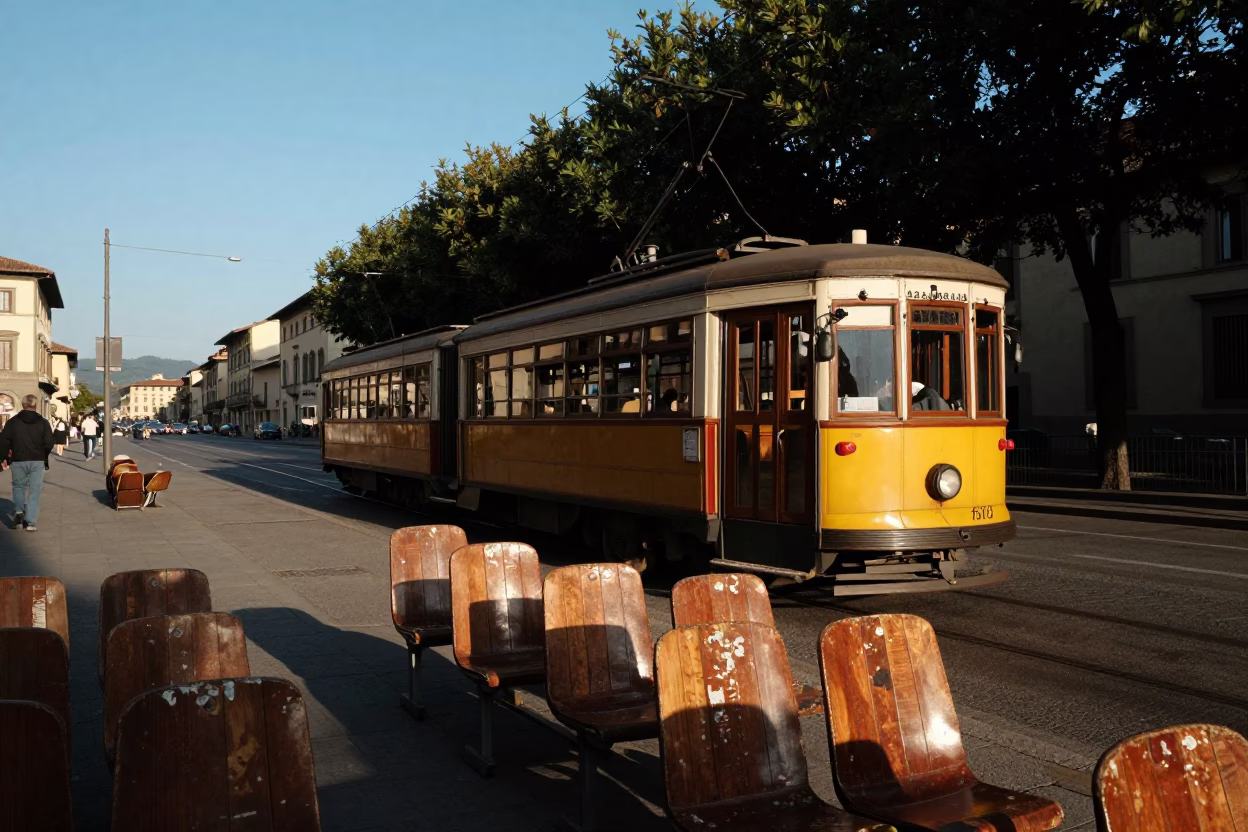 Late Afternoon Street Scene in Florence Italy with Tramcar and Tree Lined Boulevard in in Florence, Italy