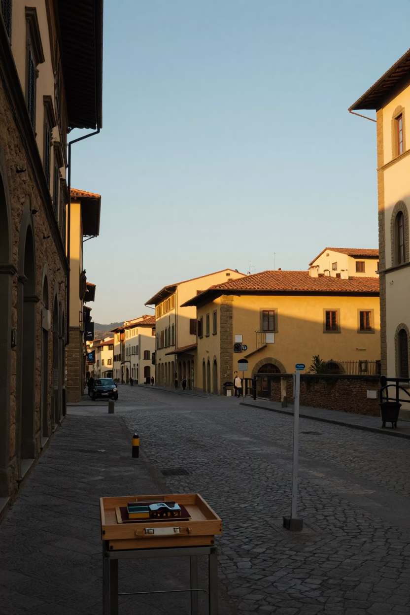 Late Afternoon Street Scene in Florence Italy with Wooden Tray of Fresh Fruit in in Florence, Italy