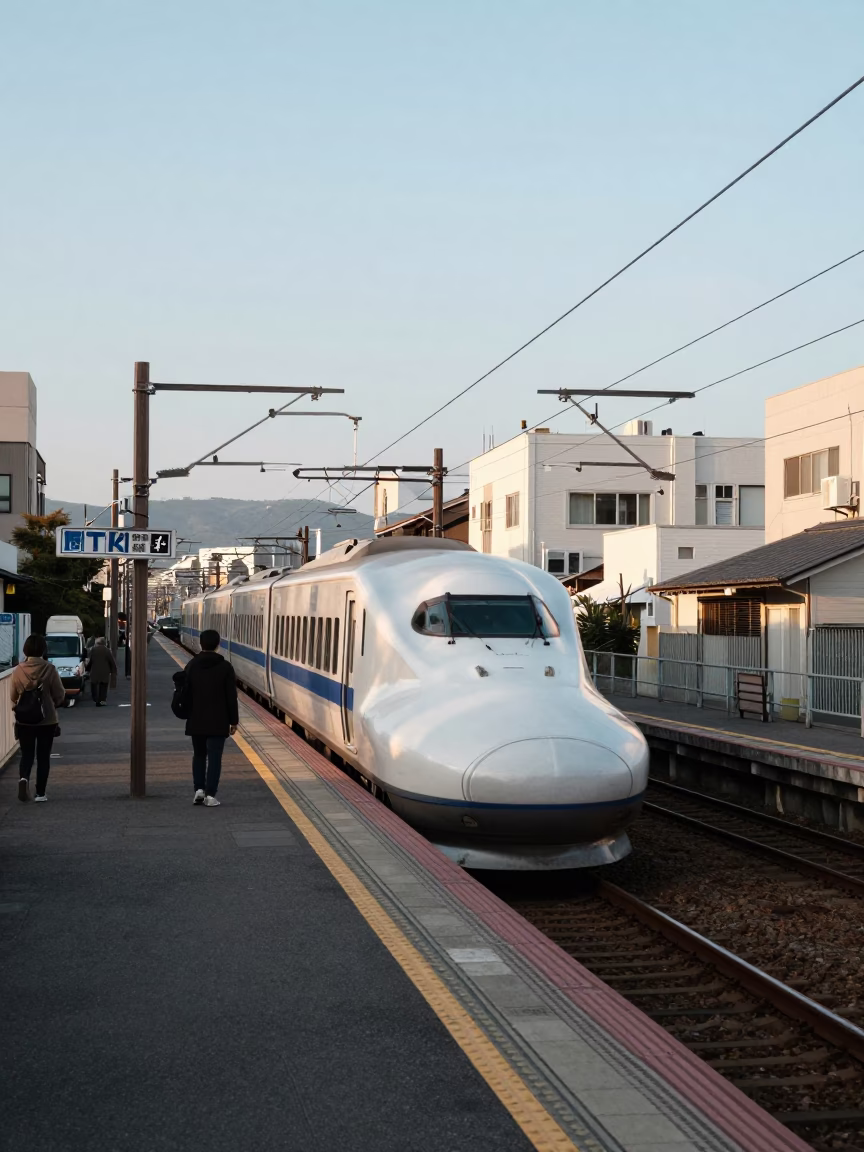 Late Afternoon Street Scene in Fukuoka Japan with Blurring Shinkansen and Suburban Platform in in Fukuoka, Japan