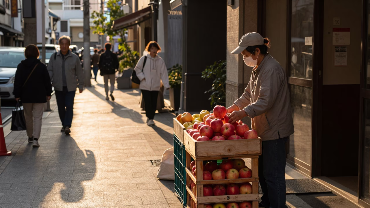 Late Afternoon Street Scene in Fukuoka Japan with Fruit Crate and Guitar in in Fukuoka, Japan