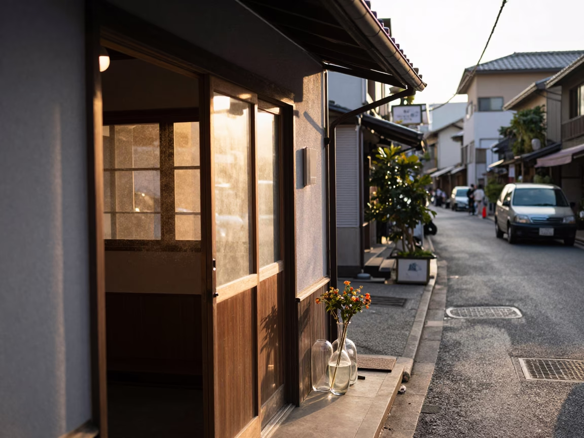 Late Afternoon Street Scene in Fukuoka Japan with Glass Vases and Local Life in in Fukuoka, Japan