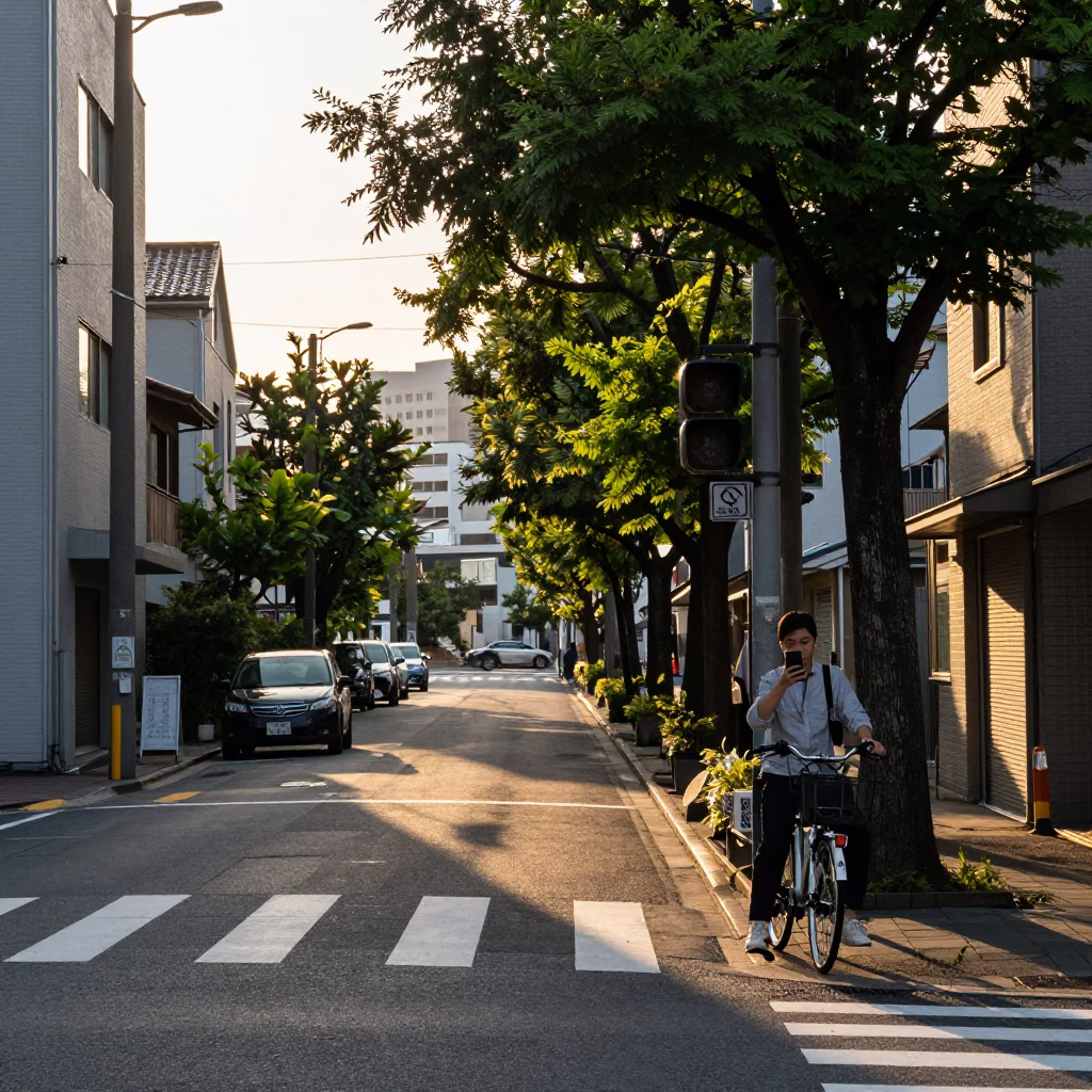 Late Afternoon Street Scene in Fukuoka Japan with Golden Hour Light and Urban Details in in Fukuoka, Japan