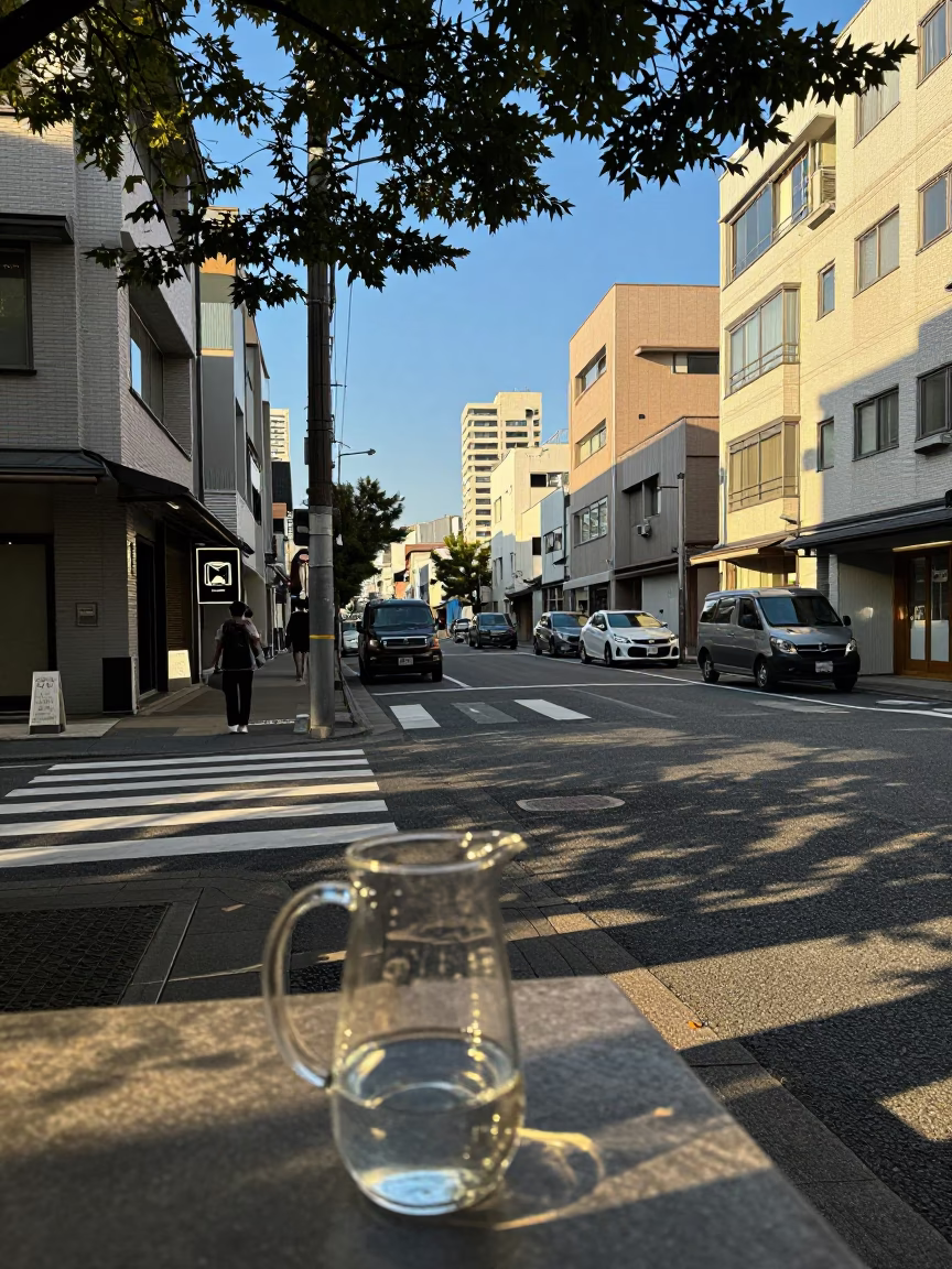 Late Afternoon Street Scene in Fukuoka Japan with Leaf Shadows and Glass Pitcher in in Fukuoka, Japan