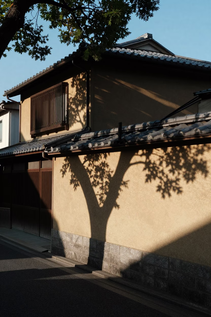 Late Afternoon Street Scene in Fukuoka Japan with Leaf Shadows and Persimmons in in Fukuoka, Japan