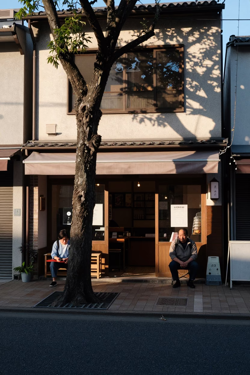 Late Afternoon Street Scene in Fukuoka Japan with Local Shopkeeper and Tree in in Fukuoka, Japan