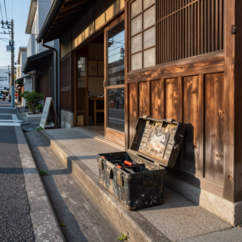 Late Afternoon Street Scene in Fukuoka Japan with Toolbox and Urban Details in in Fukuoka, Japan