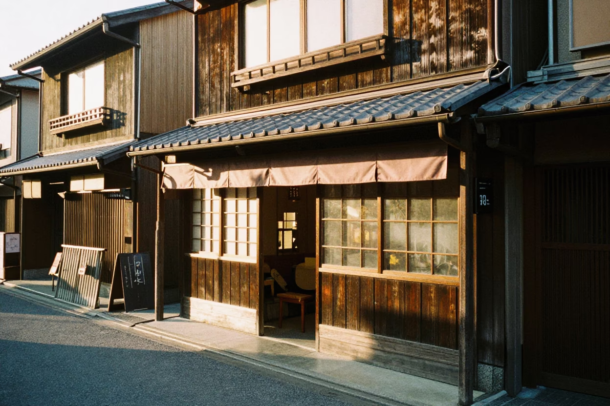 Late Afternoon Street Scene in Fukuoka Japan with Traditional Shopfront and Pedestrians in in Fukuoka, Japan