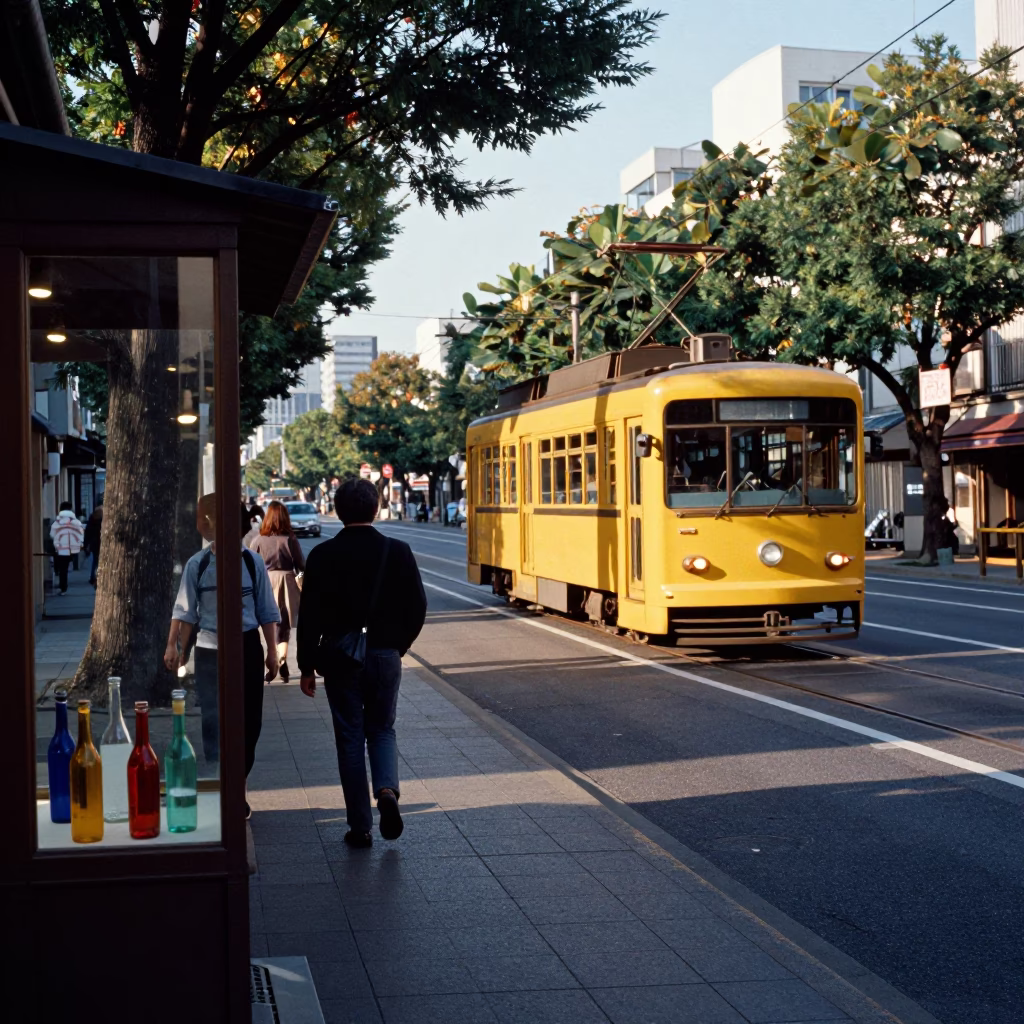 Late Afternoon Street Scene in Fukuoka Japan with Tram and Glass Bottle in in Fukuoka, Japan