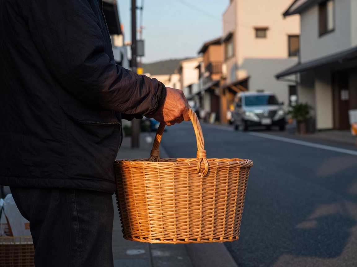 Late Afternoon Street Scene in Fukuoka Japan with Wicker Basket and Plaster Wall Shadow in in Fukuoka, Japan