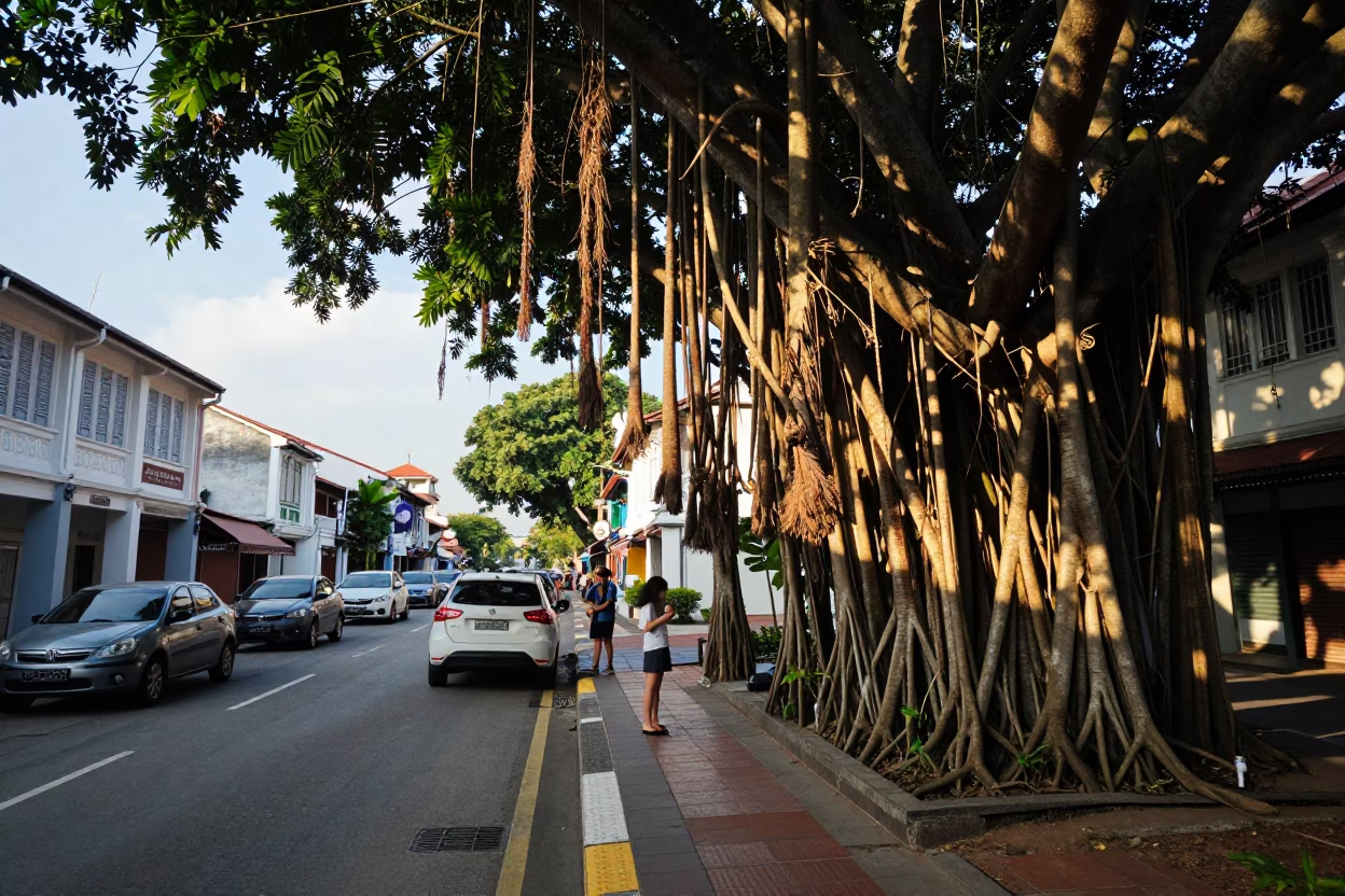 Late Afternoon Street Scene in George Town Malaysia with Banyan Grove and Leaf Shadows in in George Town, Malaysia