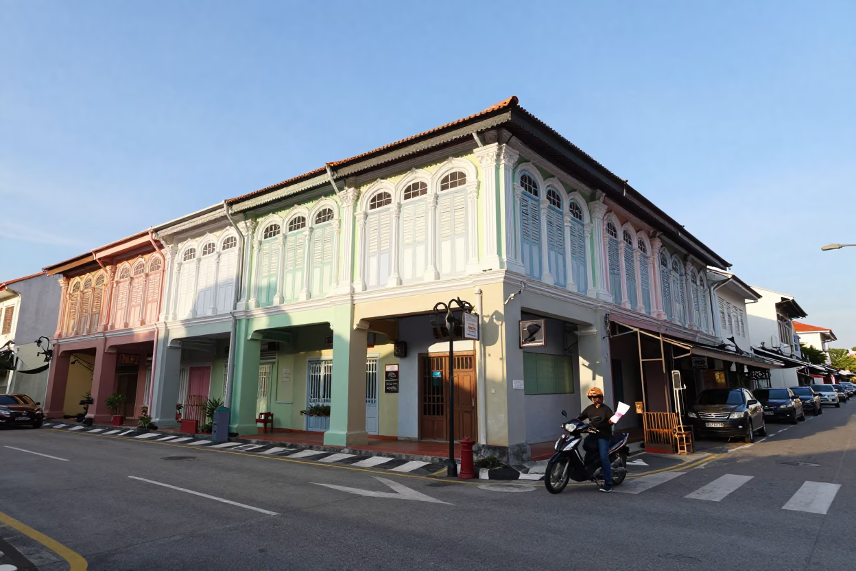 Late Afternoon Street Scene in George Town Malaysia with Colorful Shophouses in in George Town, Malaysia