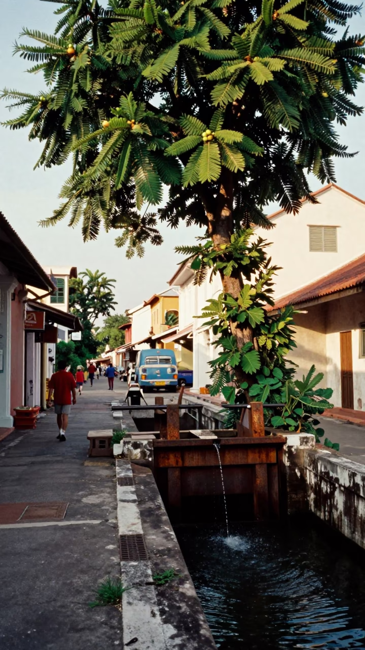 Late Afternoon Street Scene in George Town Malaysia with Fig Tree and Sluice Gate in in George Town, Malaysia