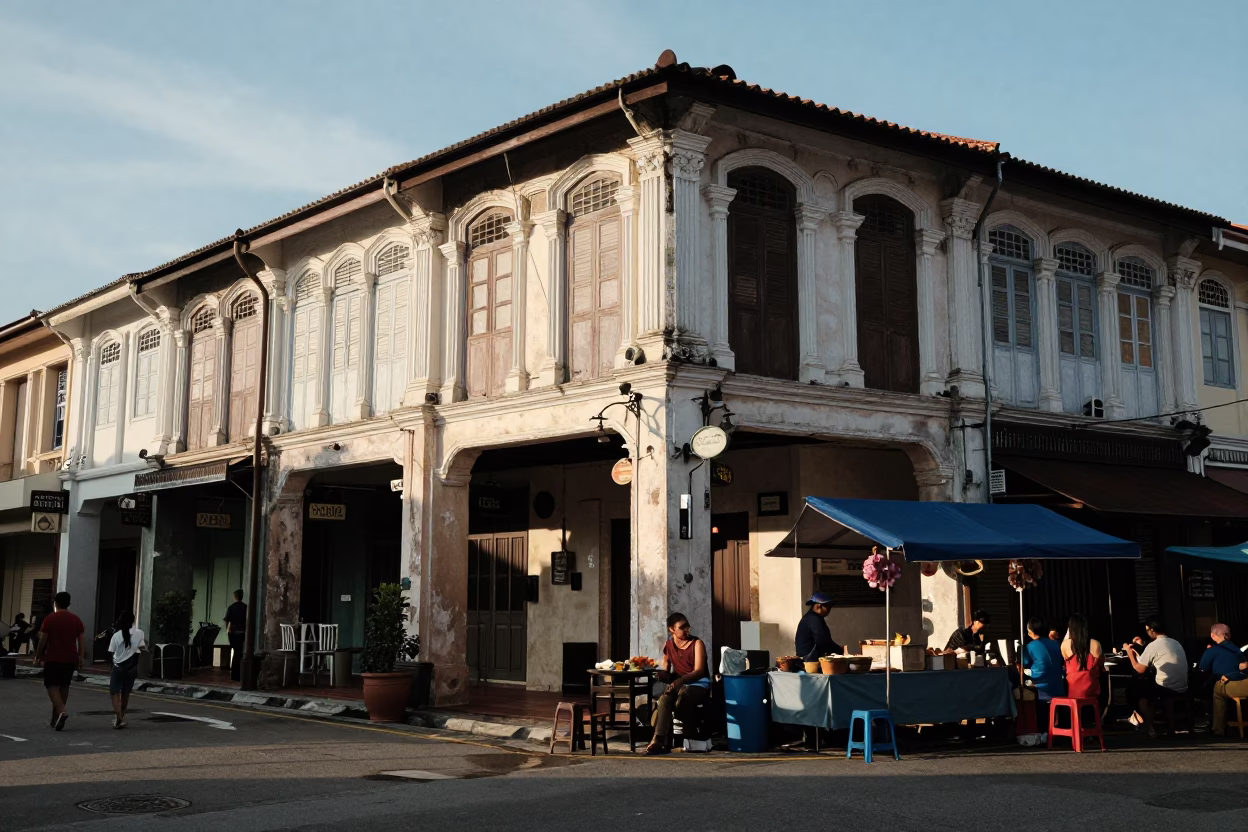 Late Afternoon Street Scene in George Town Malaysia with Traditional Food and Local Life in in George Town, Malaysia