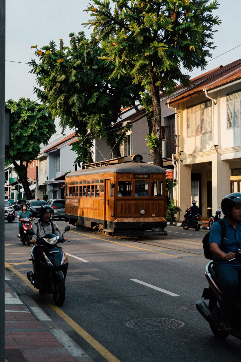 Late Afternoon Street Scene in George Town Malaysia with Tramcar and Shopfronts in in George Town, Malaysia