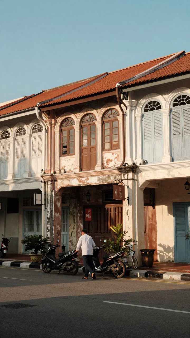 Late Afternoon Street Scene in George Town Malaysia with Vintage Details in in George Town, Malaysia