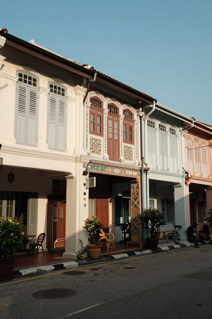 Late Afternoon Street Scene in George Town Malaysia with Wicker Shadows and Historic Architecture in in George Town, Malaysia