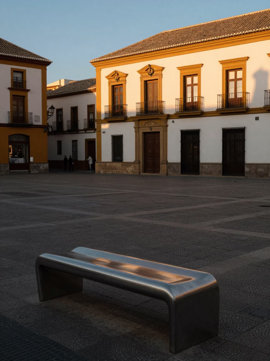 Late Afternoon Street Scene in Granada Spain with Brushed Steel Bench and Local Life in in Granada, Spain