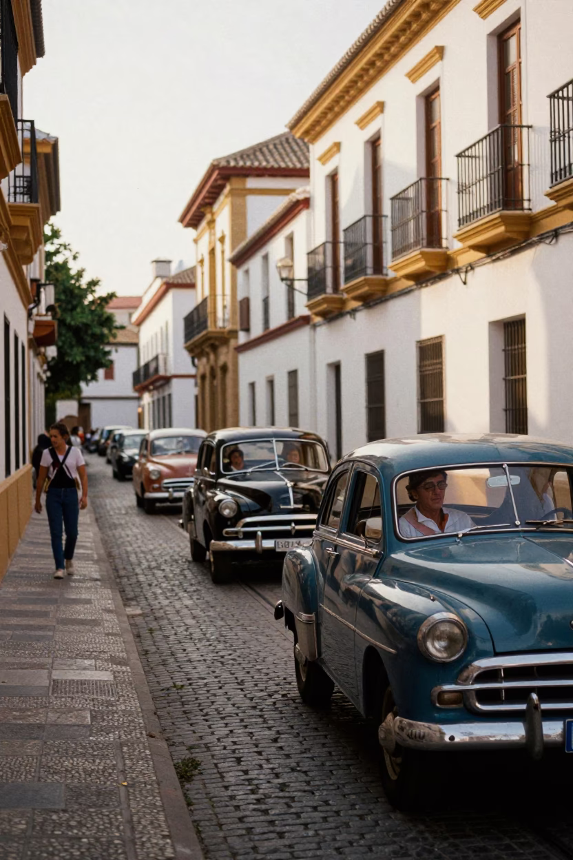 Late Afternoon Street Scene in Granada Spain with Funicular and Vintage Car Rally in in Granada, Spain