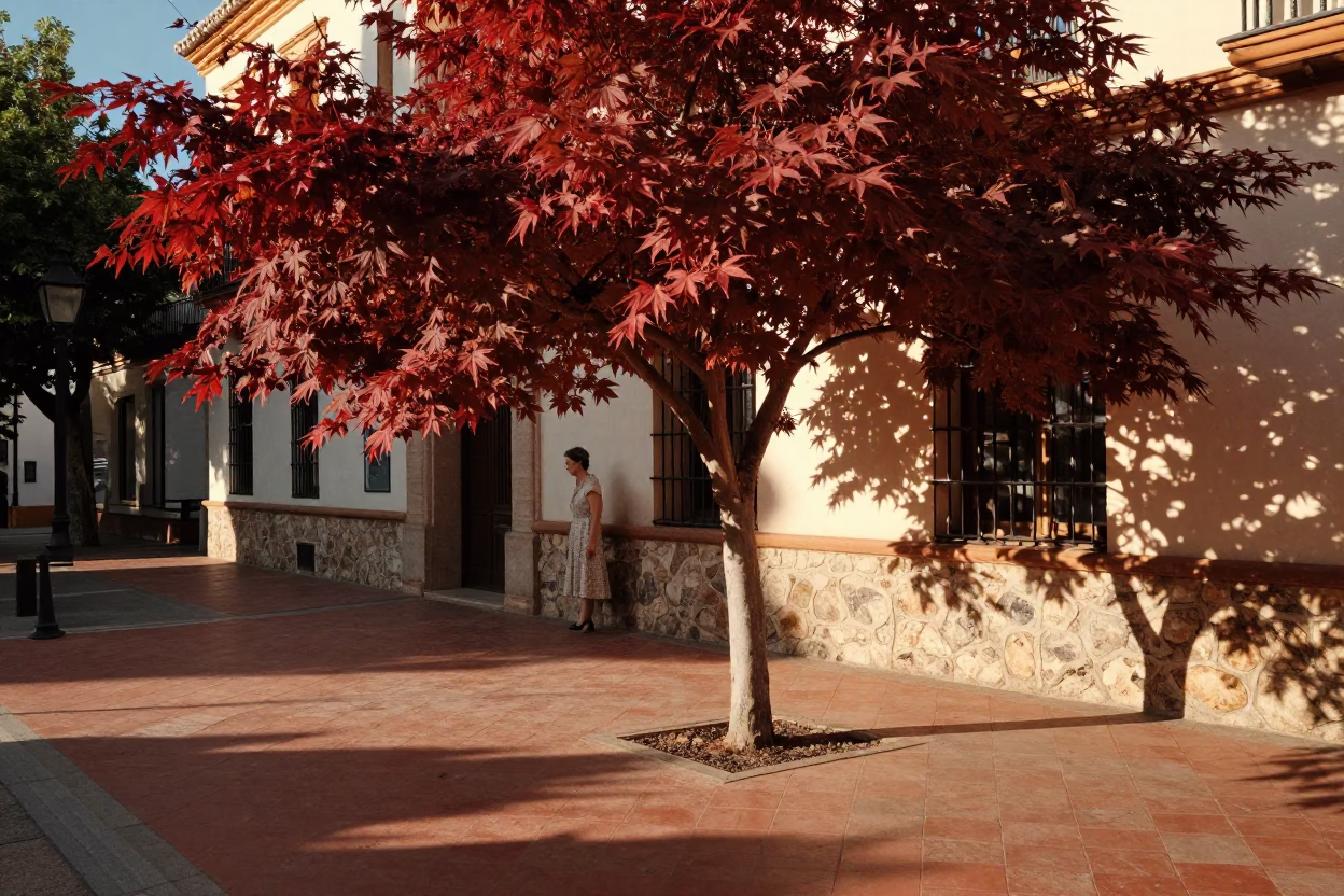 Late Afternoon Street Scene in Granada Spain with Japanese Maple and Cobblestones in in Granada, Spain