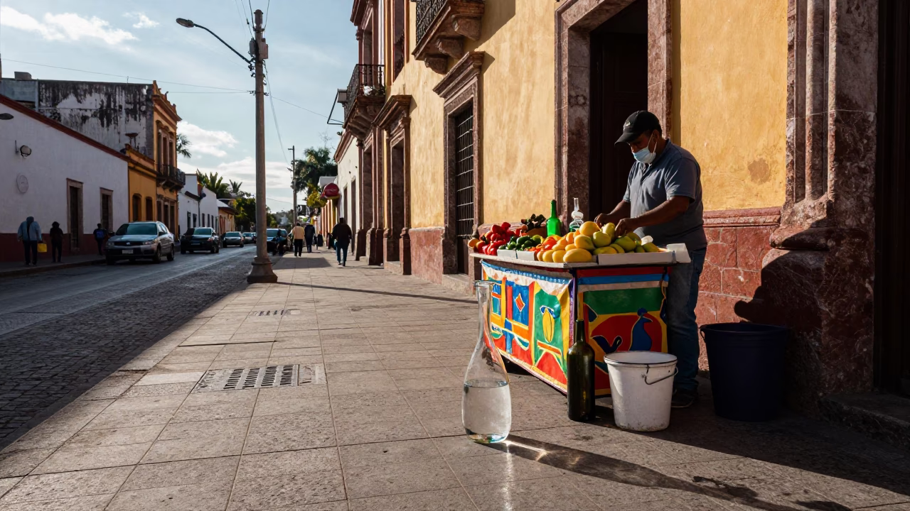Late Afternoon Street Scene in Guadalajara Mexico with Bottle and Glass Carafe in in Guadalajara, Mexico