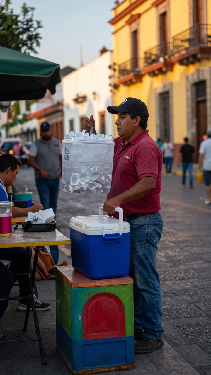 Late Afternoon Street Scene in Guadalajara Mexico with Cooler Jug and Houseplant in in Guadalajara, Mexico