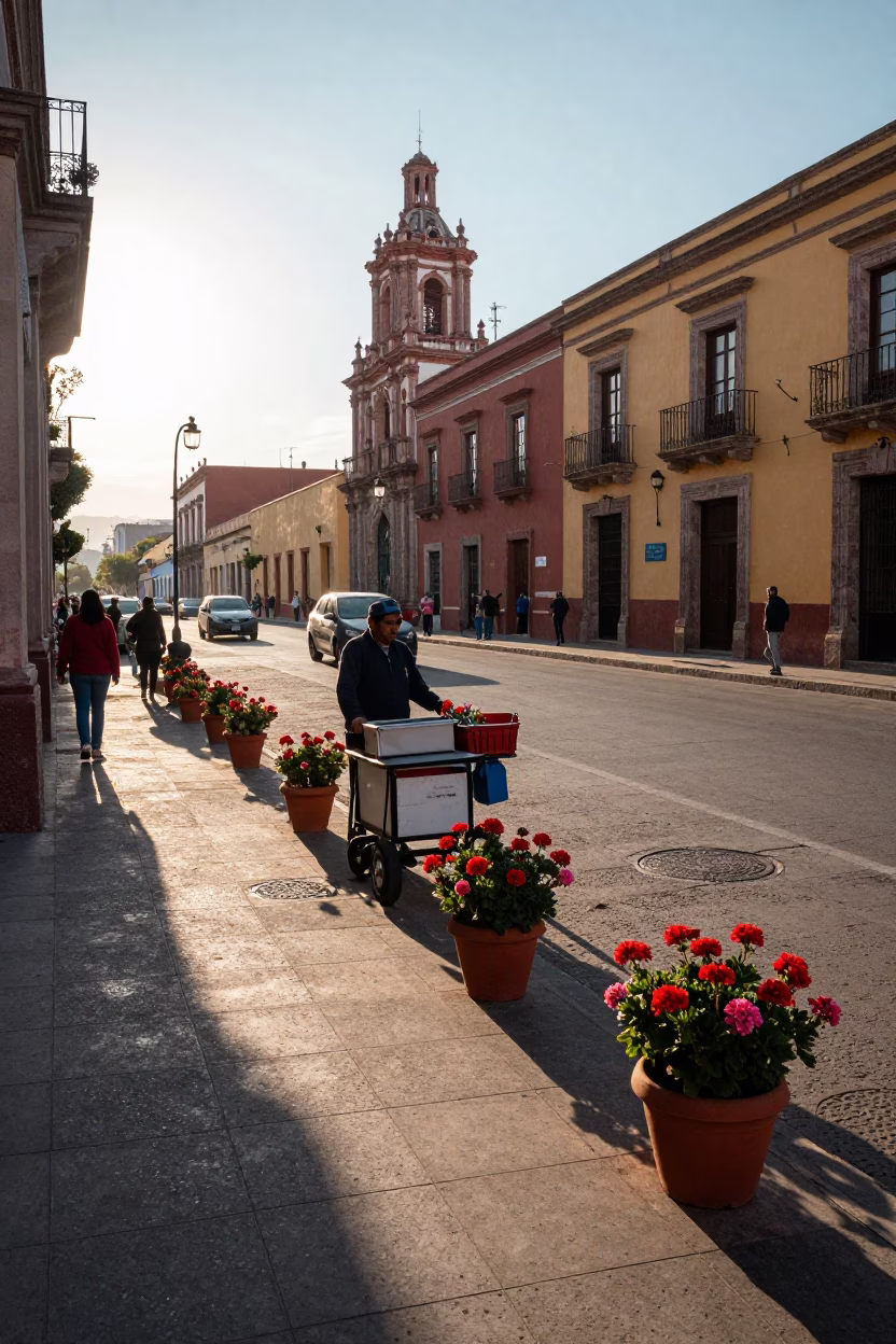 Late Afternoon Street Scene in Guadalajara Mexico with Potted Geraniums and Cooking Pots in in Guadalajara, Mexico