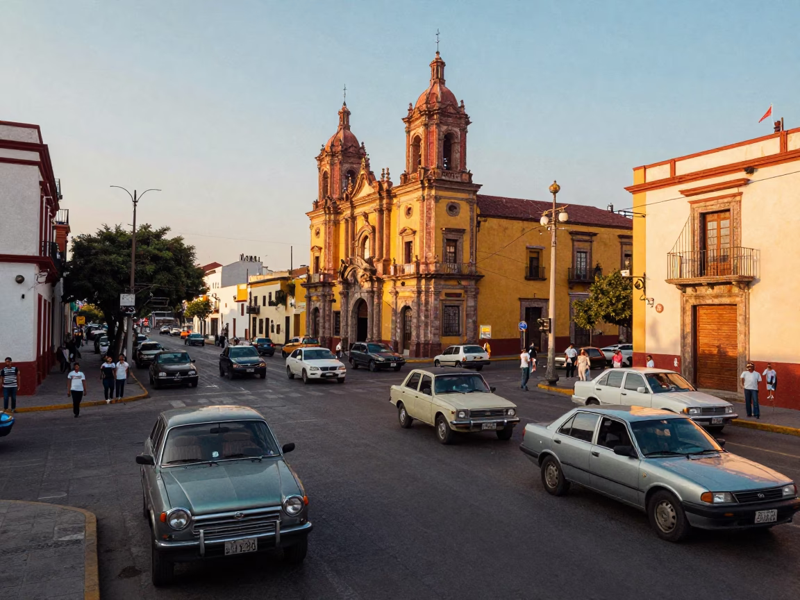 Late Afternoon Street Scene in Guadalajara Mexico with Vintage 1990s Aesthetic in in Guadalajara, Mexico