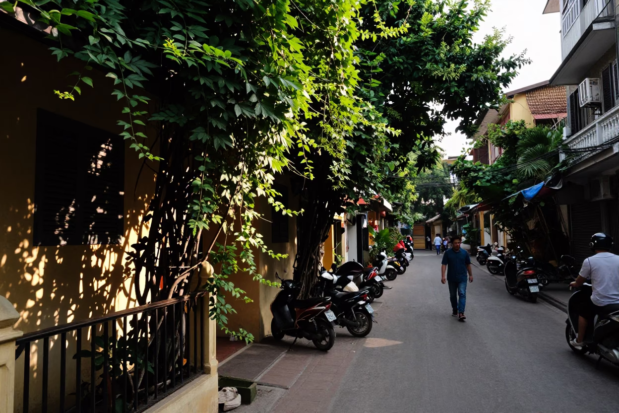 Late Afternoon Street Scene in Hanoi Vietnam with Stair Rail and Vine in in Hanoi, Vietnam