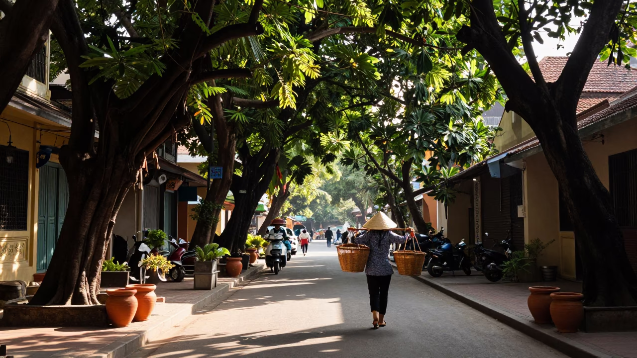 Late Afternoon Street Scene in Hanoi Vietnam with Traditional Terracotta Pots in in Hanoi, Vietnam