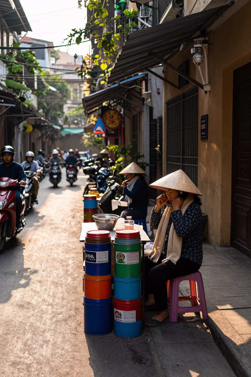 Late Afternoon Street Scene in Hanoi Vietnam with Vintage Details in in Hanoi, Vietnam