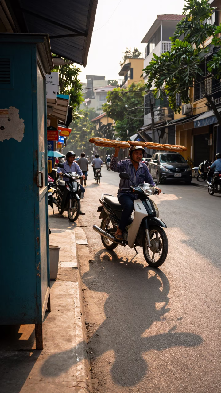 Late Afternoon Street Scene in Hanoi Vietnam with Vintage Motorcycle and Baguettes in in Hanoi, Vietnam