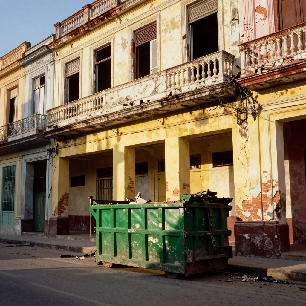Late Afternoon Street Scene in Havana Cuba with Demolition Dumpster in in Havana, Cuba