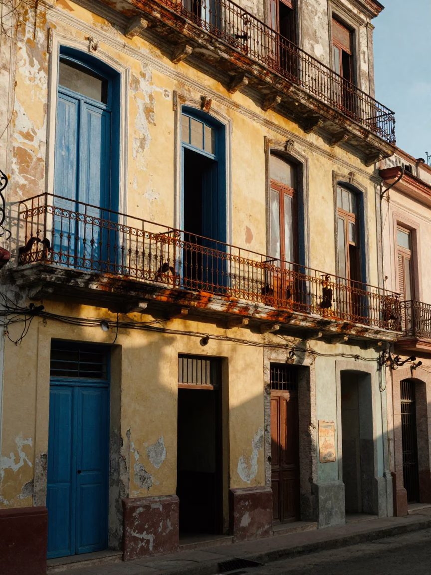 Late Afternoon Street Scene in Havana Cuba with Rusty Railings and Urban Decay in in Havana, Cuba