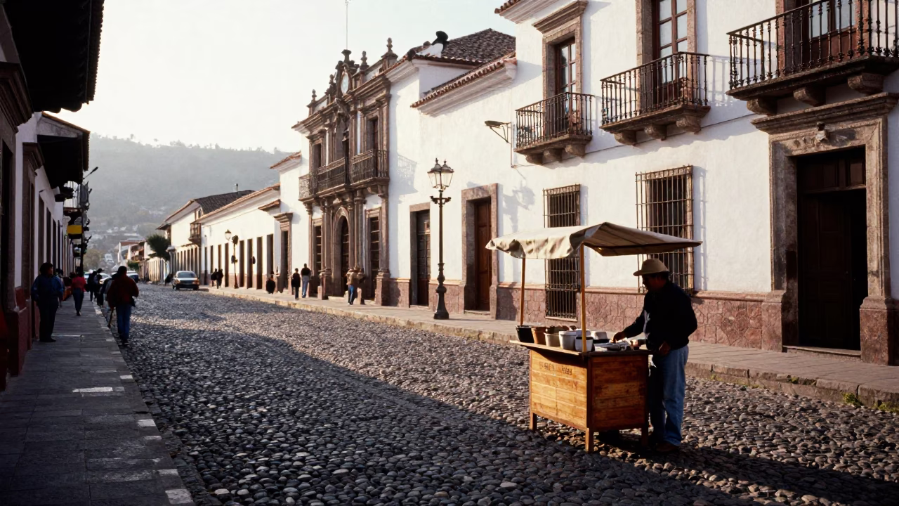 Late Afternoon Street Scene in Historic Quito Ecuador with Traditional Market Vendor in in Quito, Ecuador
