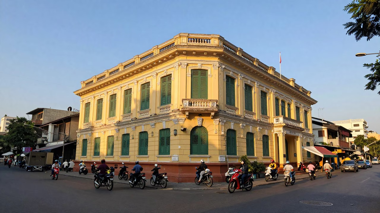 Late Afternoon Street Scene in Ho Chi Minh City with Motorcycles and Colonial Architecture in in Ho Chi Minh City, Vietnam