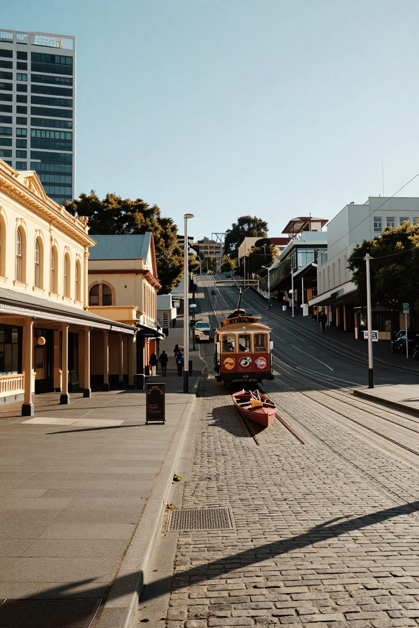Late Afternoon Street Scene in Hobart Tasmania Australia with Funicular and Rowing Activity in in Hobart, Tasmania, Australia