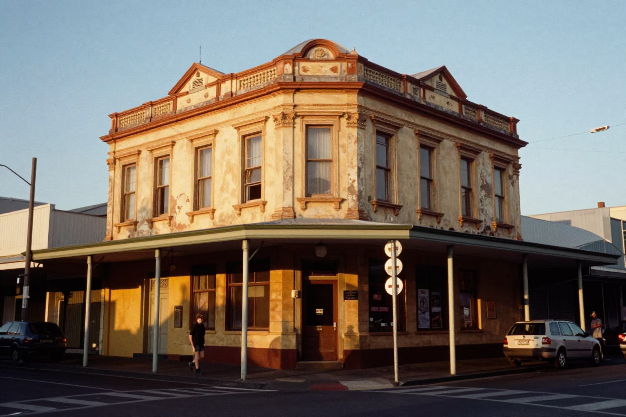 Late Afternoon Street Scene in Hobart Tasmania Featuring Weathered Building and Local Details in in Hobart, Tasmania, Australia