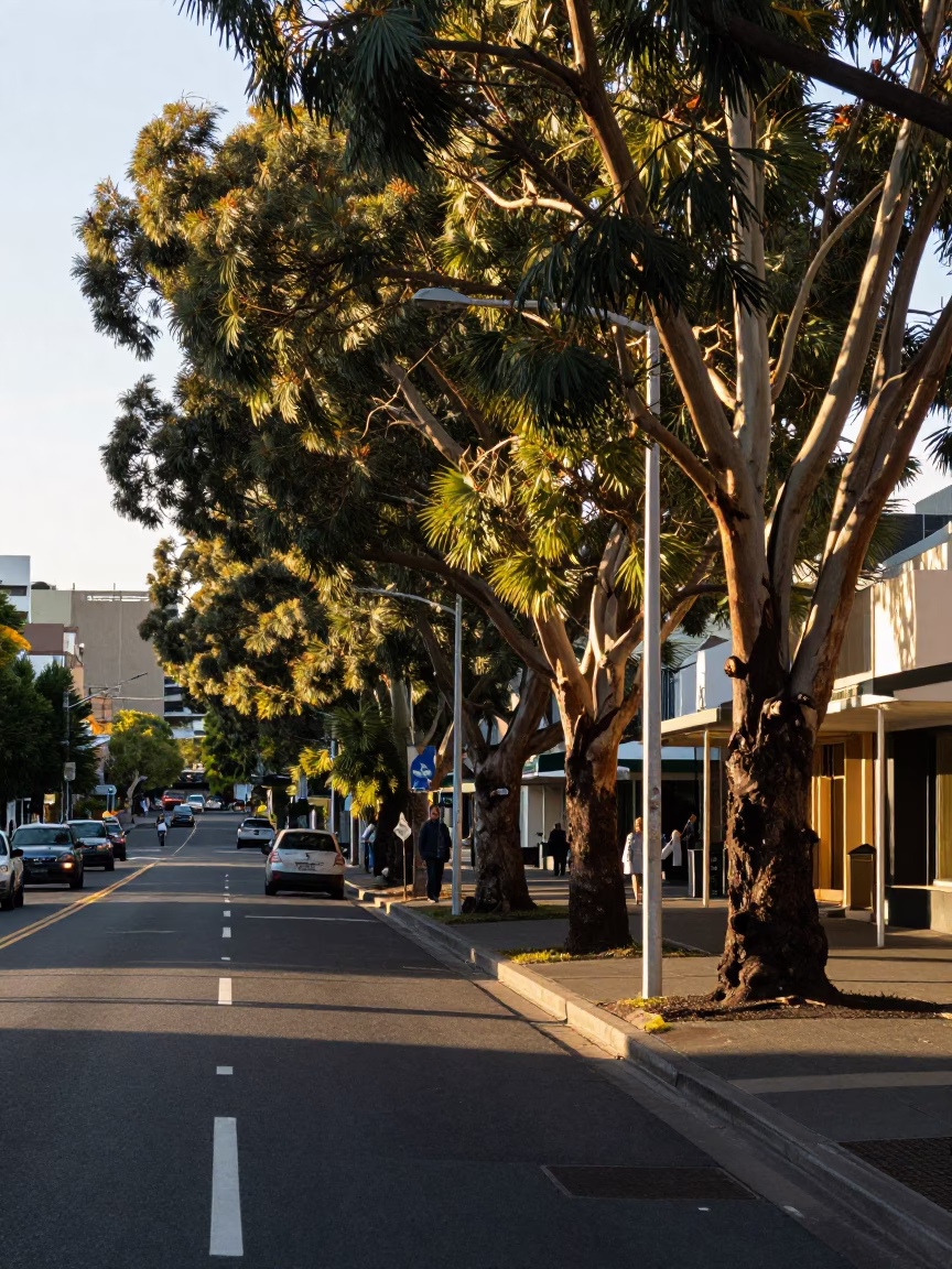 Late Afternoon Street Scene in Hobart Tasmania with Eucalyptus Trees and Vintage Cars in in Hobart, Tasmania, Australia